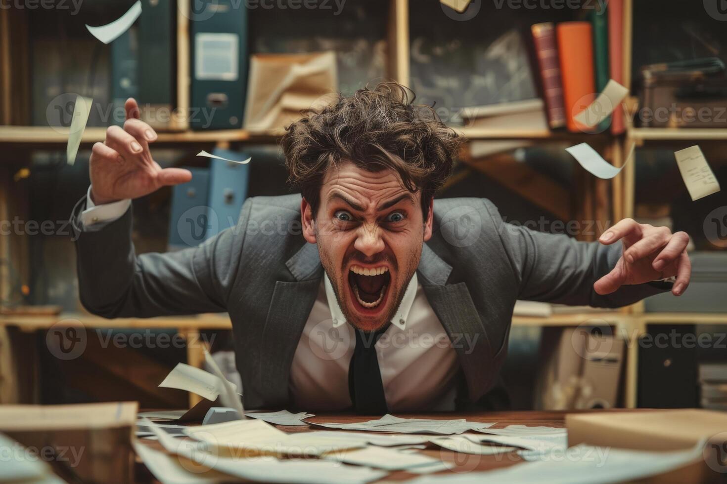 Frantic businessman shouting and creating chaos at his desk in his office, with papers swirling in the air photo