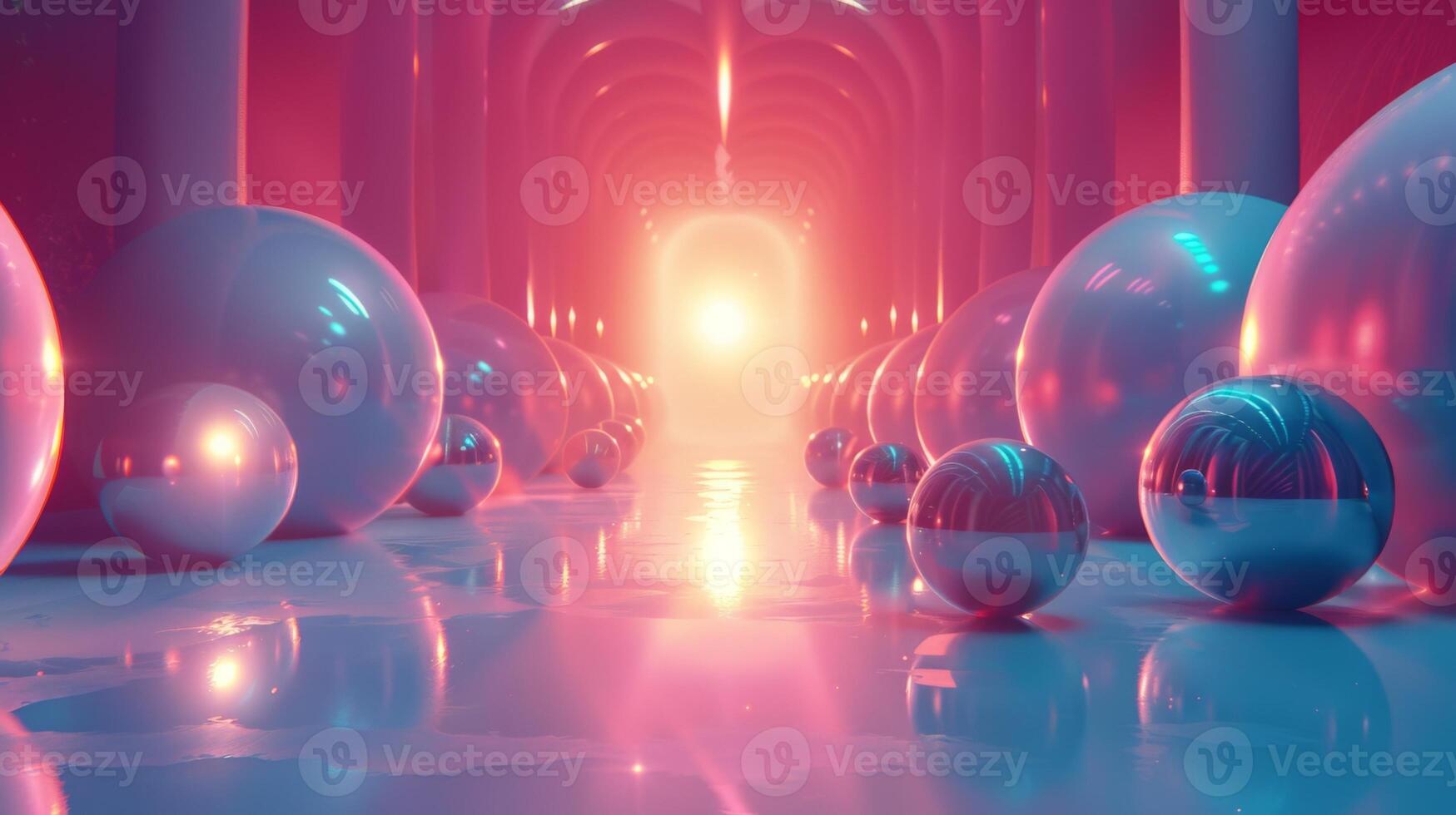 Abstract background with reflective spheres in a hallway leading to bright light photo