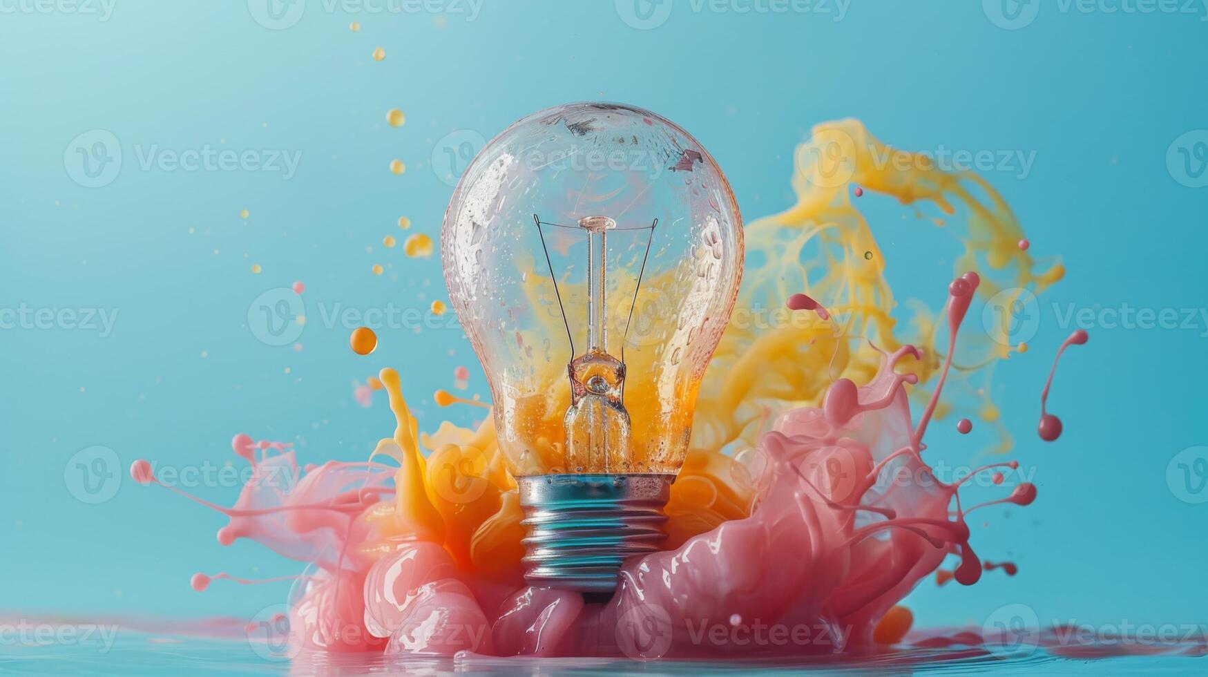 Exploding light bulb with vibrant paint splatter symbolizing creativity and innovation photo
