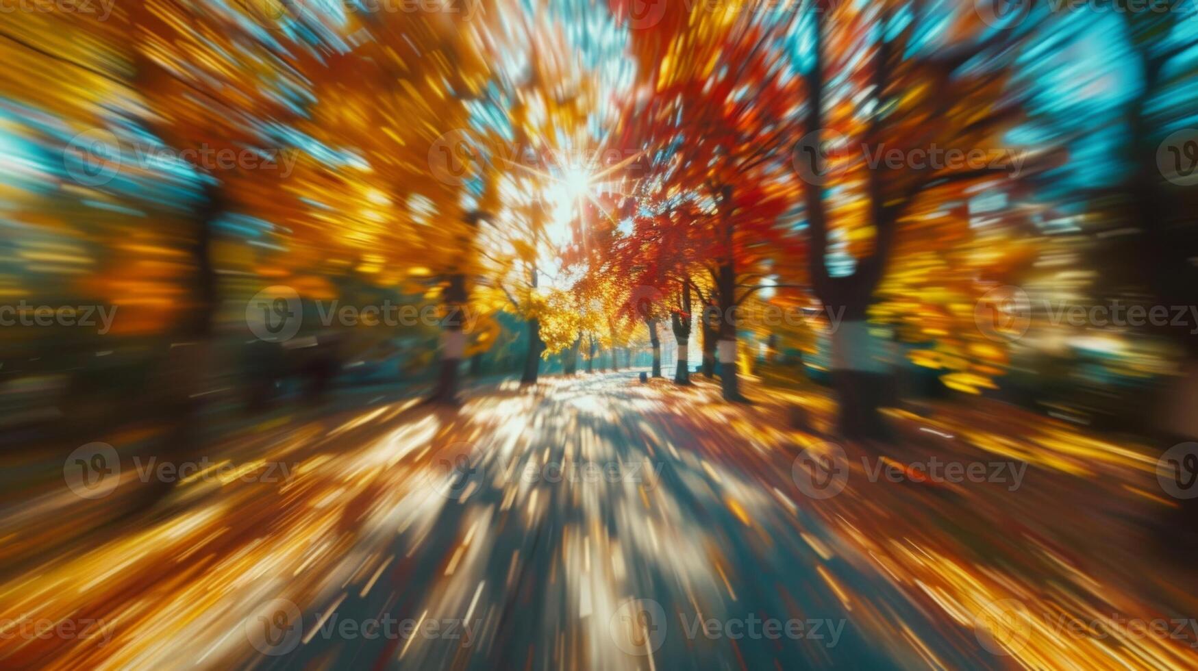 Sunlight creating radial blur effect through colorful autumn tree canopy photo