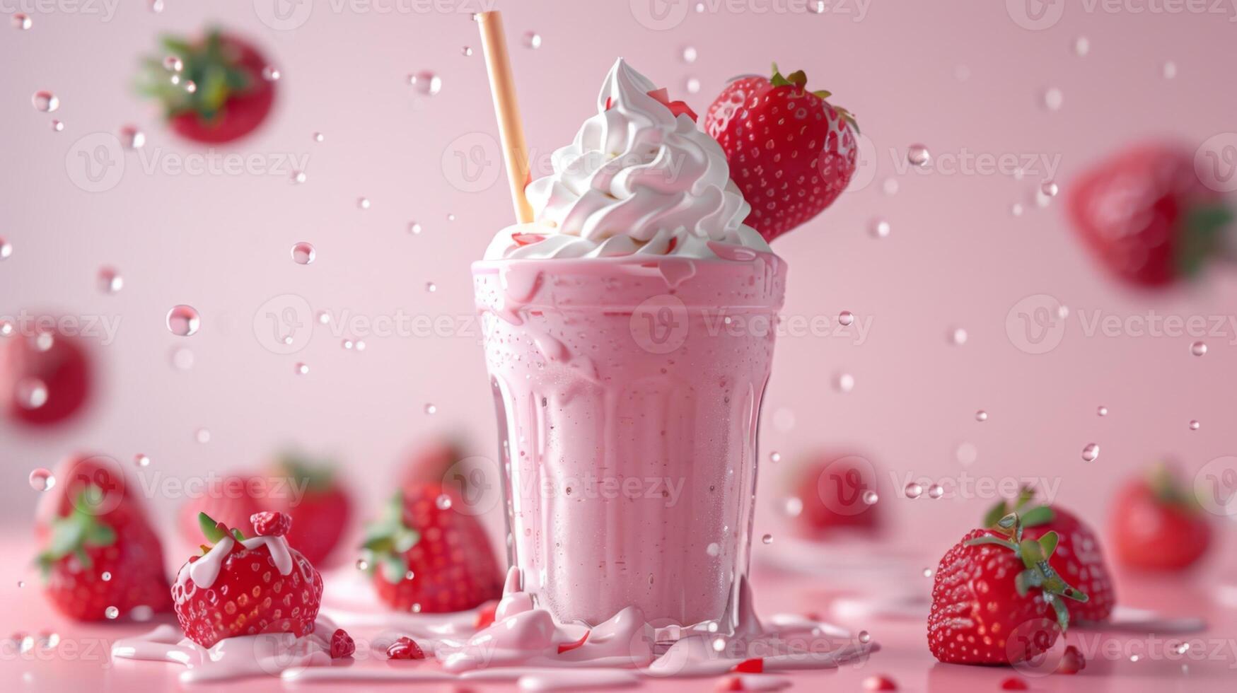 Scenic pink strawberry milkshake with falling strawberries and water droplets on a pink backdrop creates a delightful image photo
