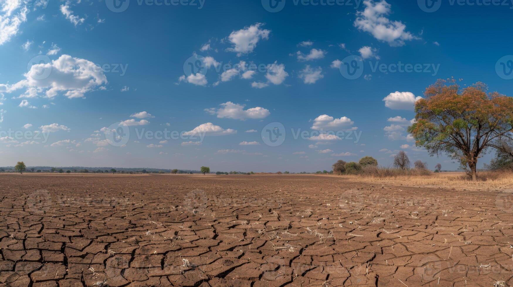 Endless stretches of dry cracked earth with a solitary tree standing as a symbol of the harsh environment photo