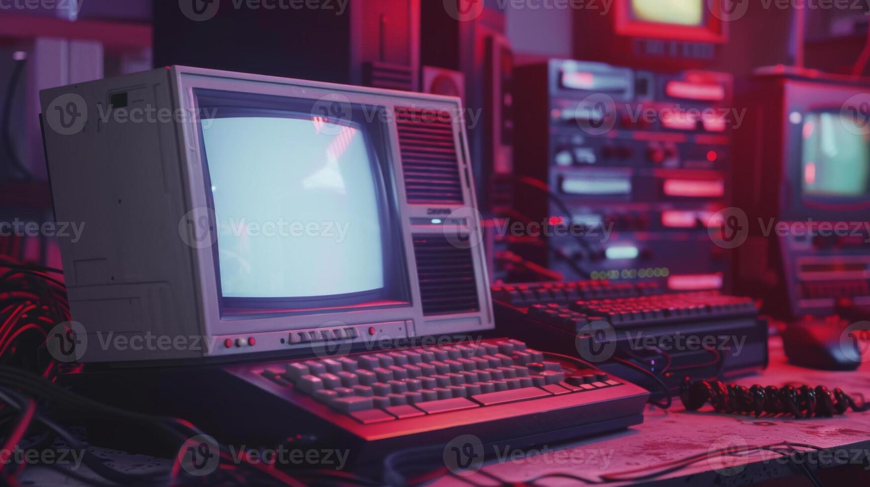 Vintage personal computer with a blank screen is surrounded by old technology in a room with red lighting photo