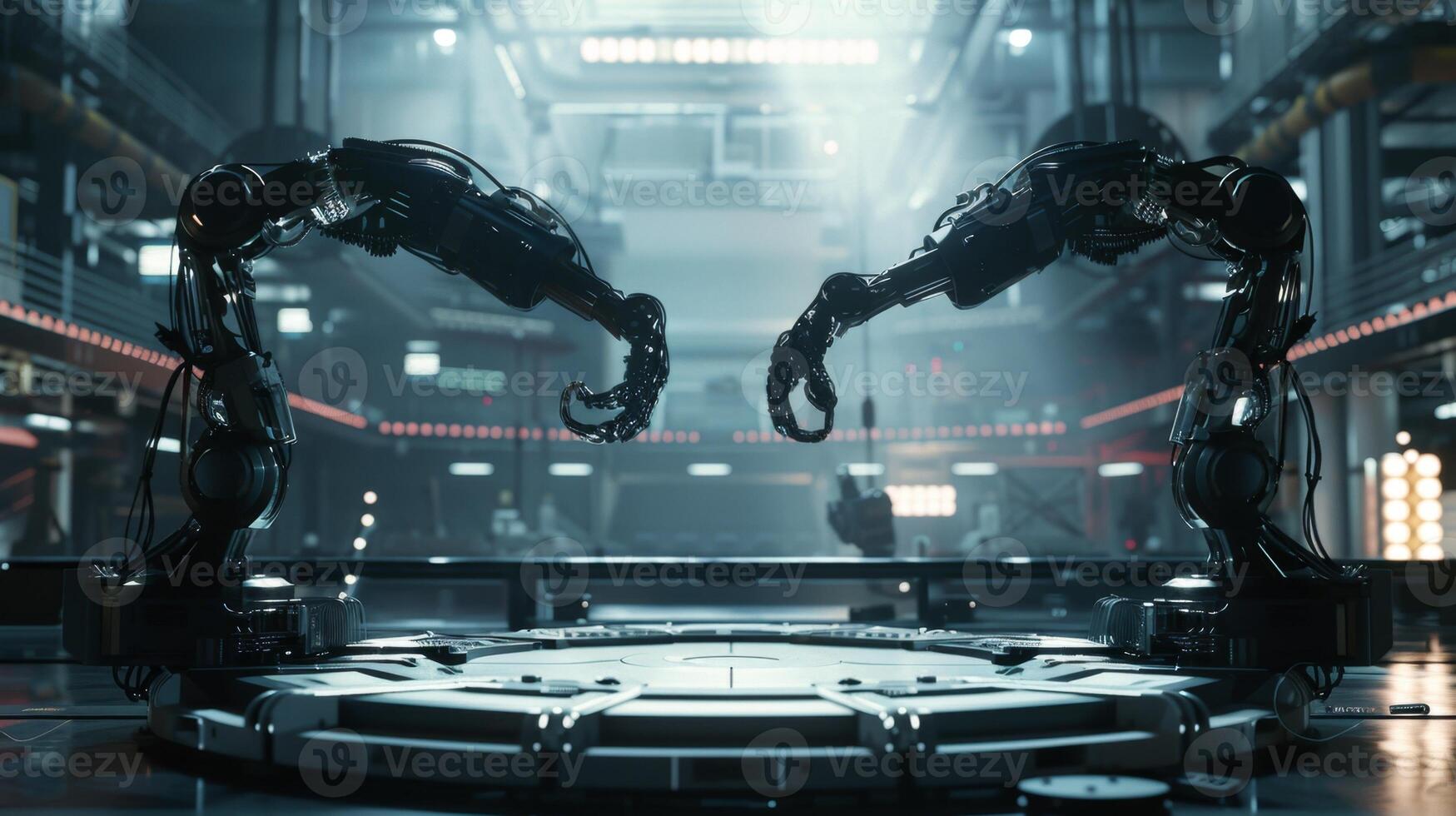 Two robotic arms facing each other in high tech industrial factory photo