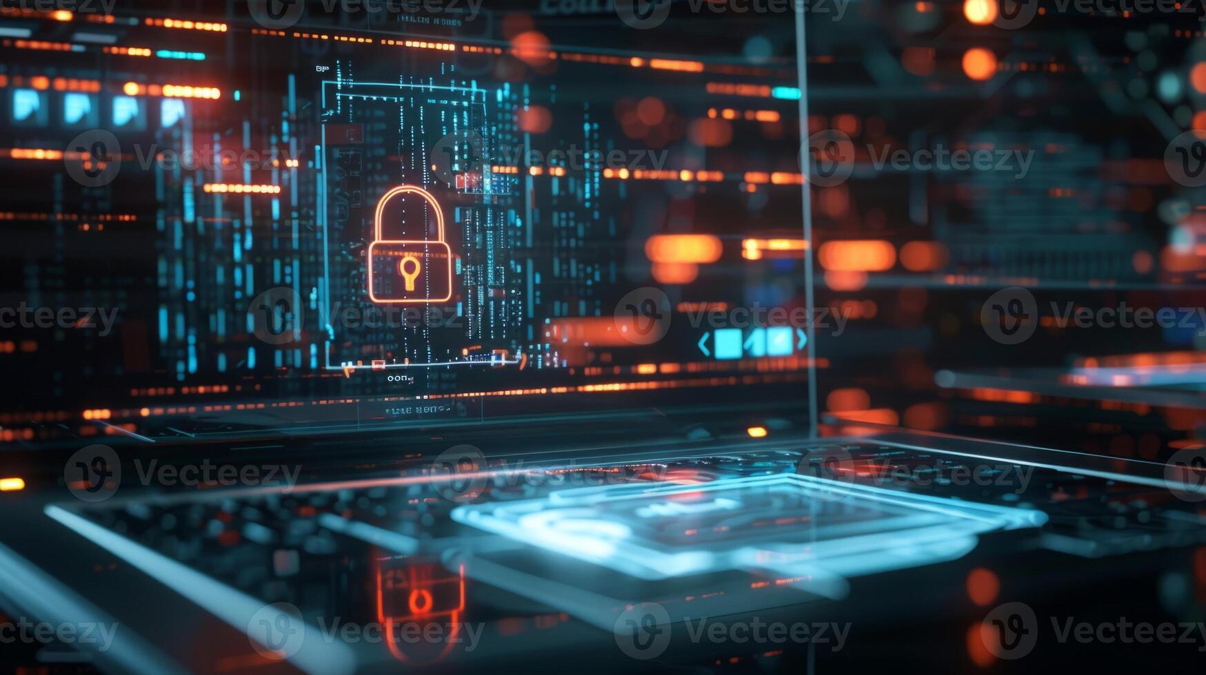 Data encryption, a computer displaying a padlock icon on the screen photo