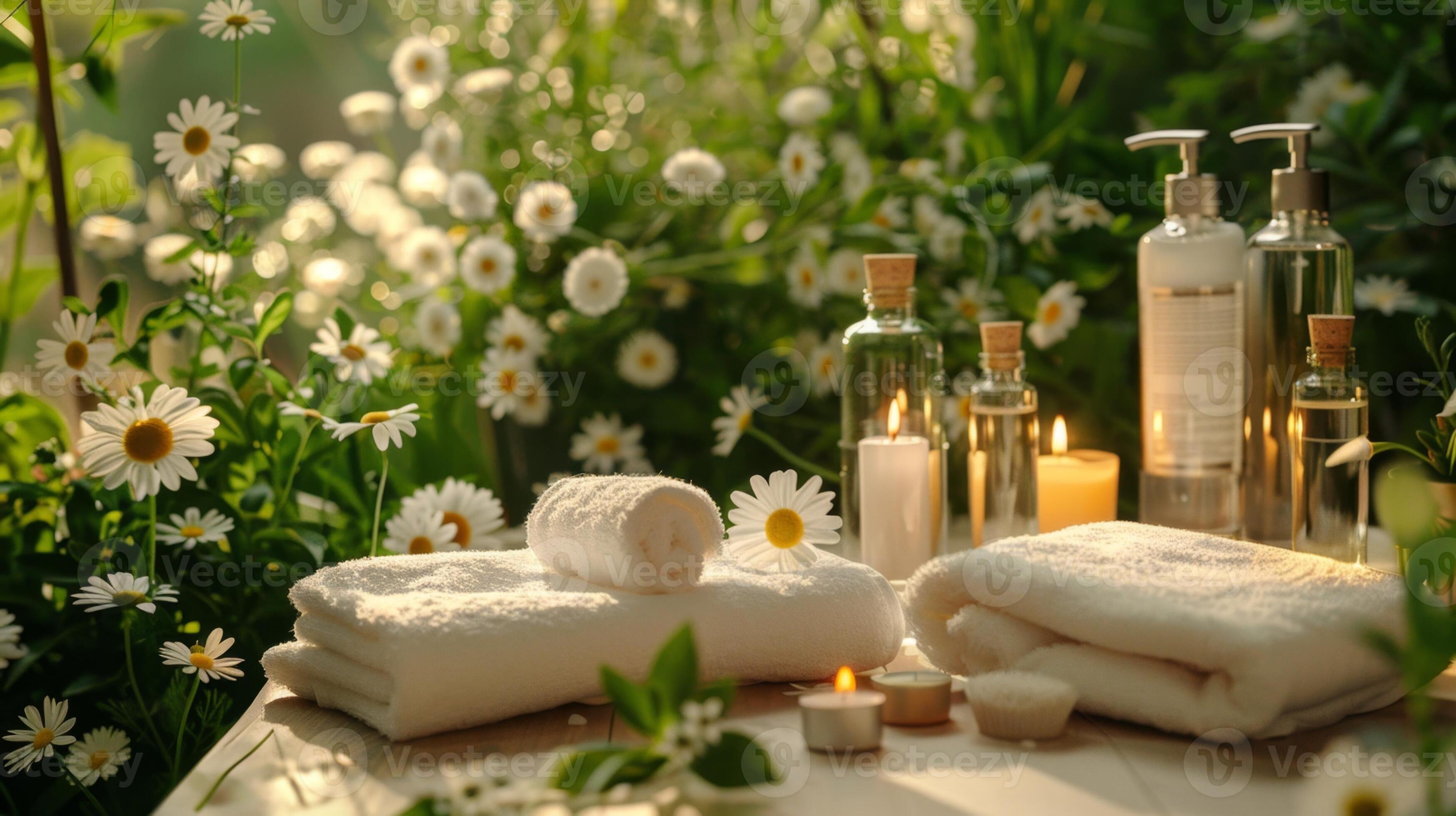 Spa treatment setting displaying towels and cosmetic products ...