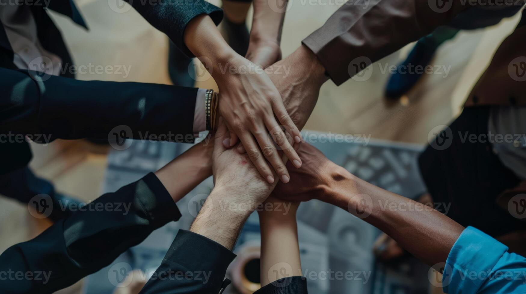 Diverse team of business professionals coming together in a spirit of teamwork and collaboration photo