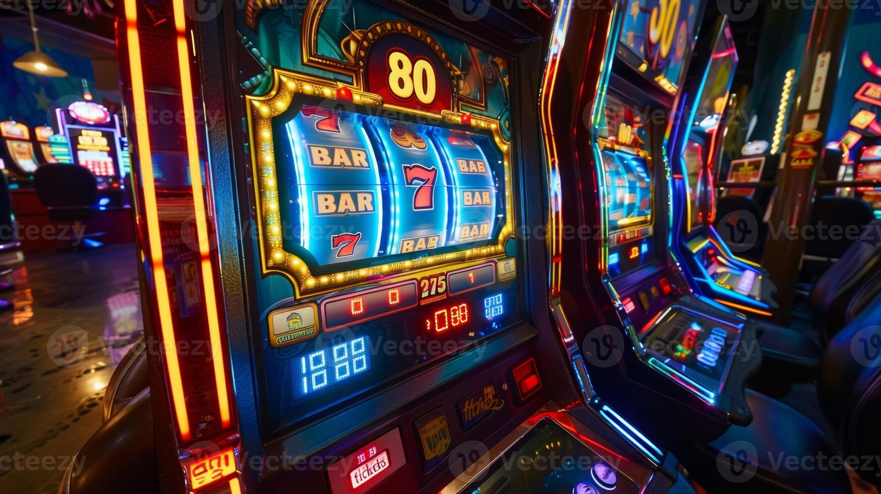 Slot machine displaying a winning combination in a casino photo