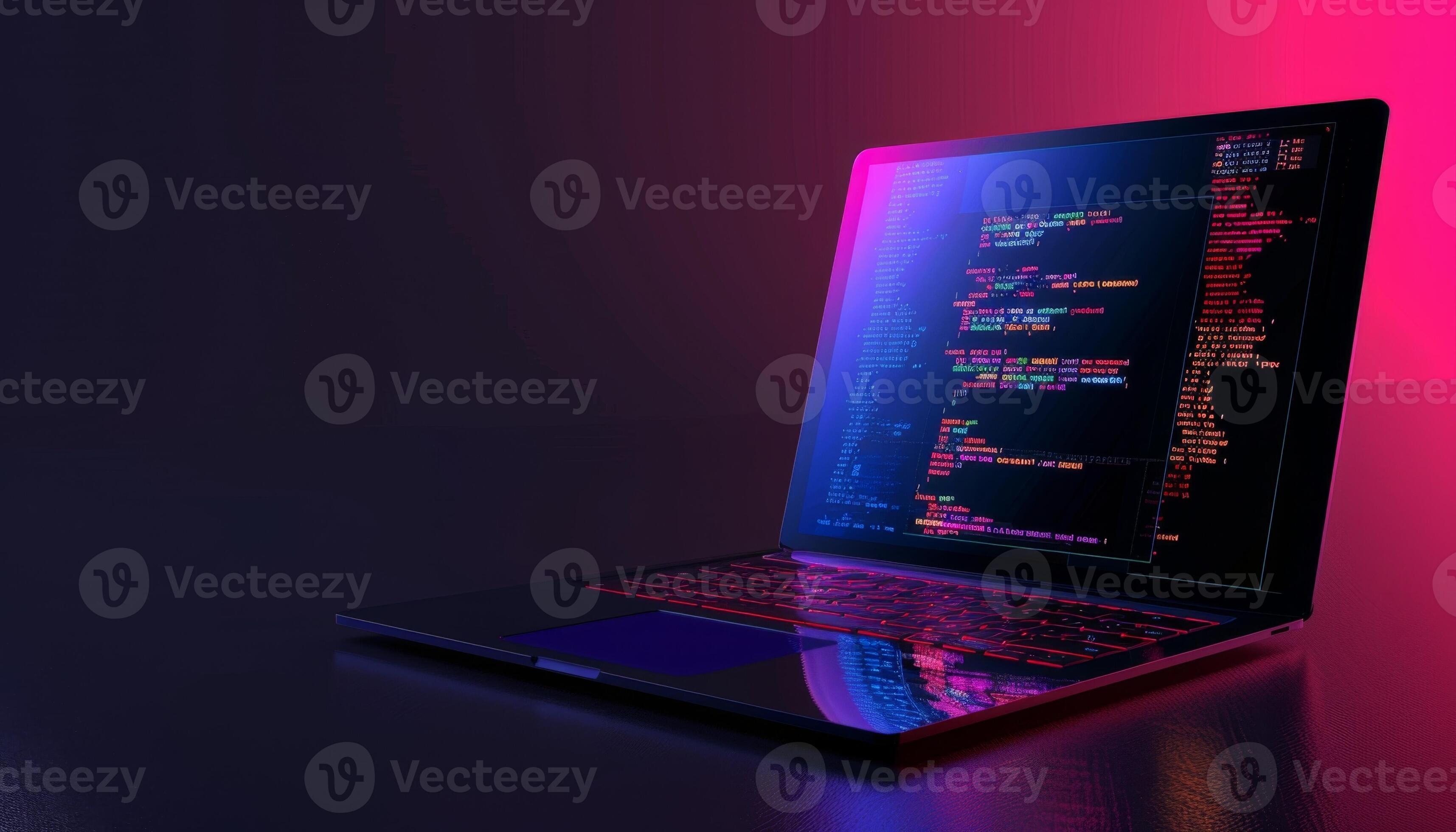 Modern laptop displaying computer code on screen in dark room setting ...