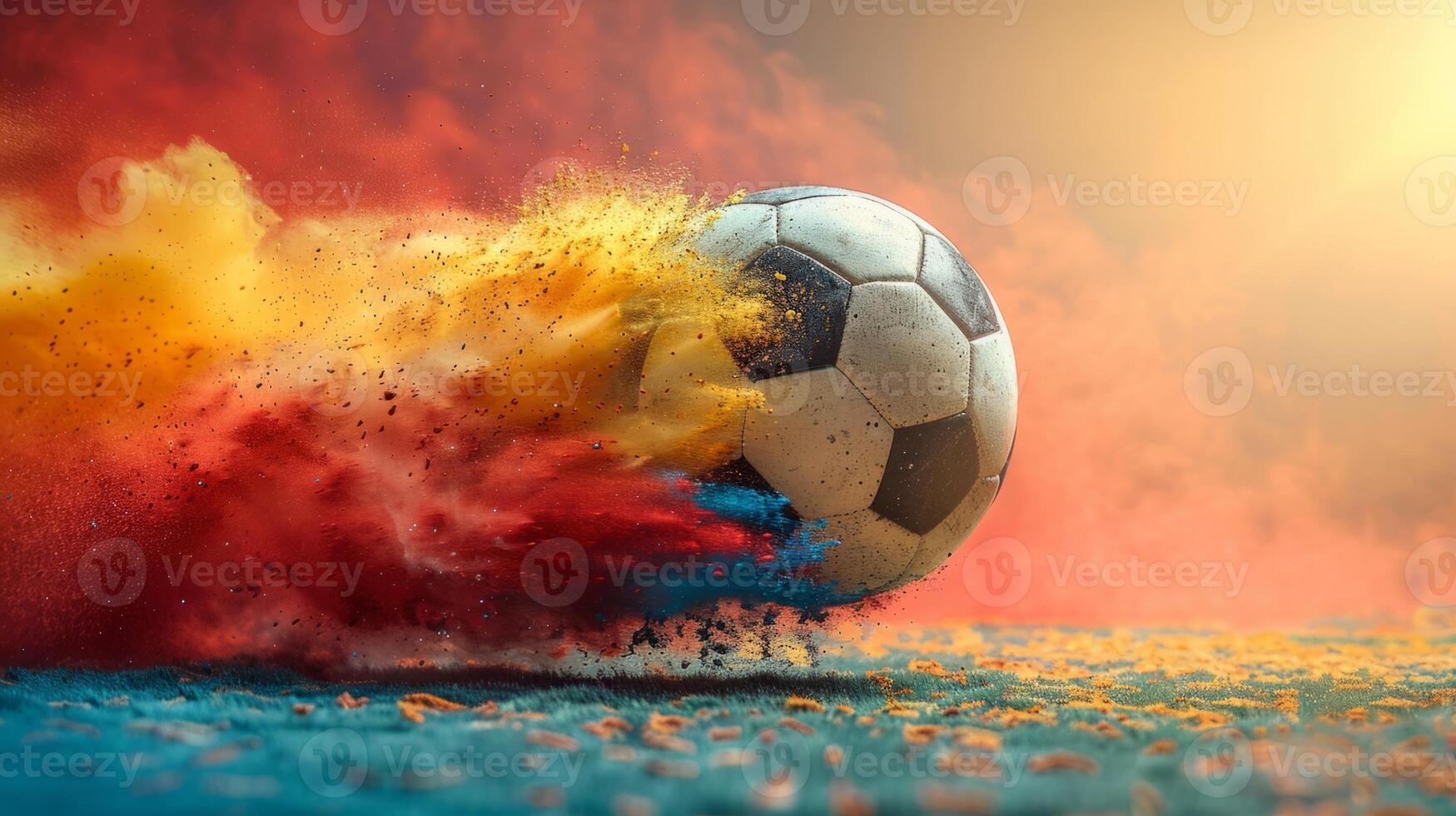 Soccer ball exploding in a cloud of colorful powder on a field photo