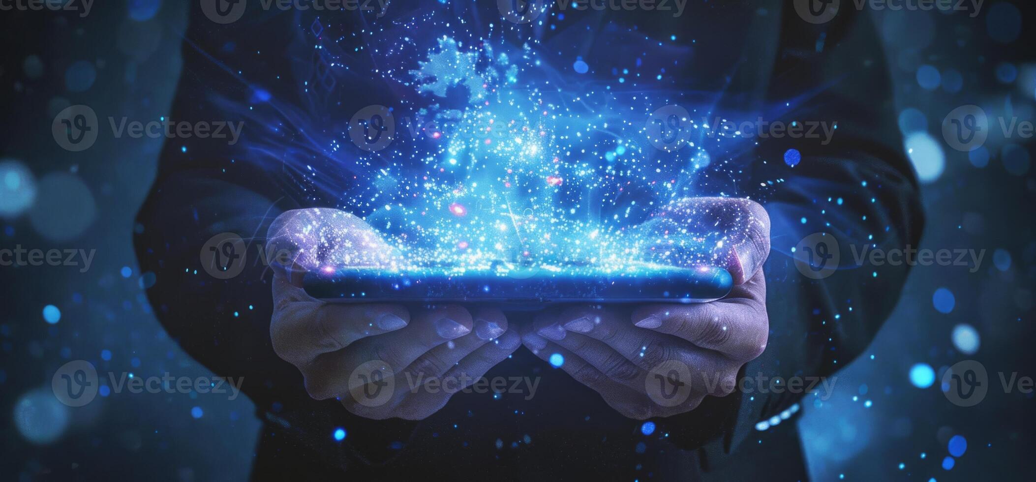 Businessman holding tablet with global network and data connecting over dark blue background photo