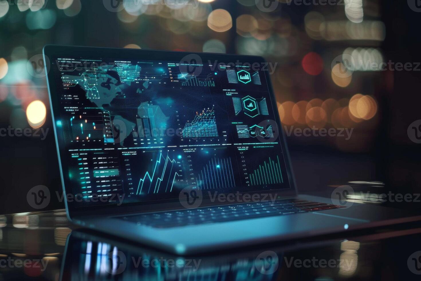 Laptop showing statistics and analytics on screen at night photo