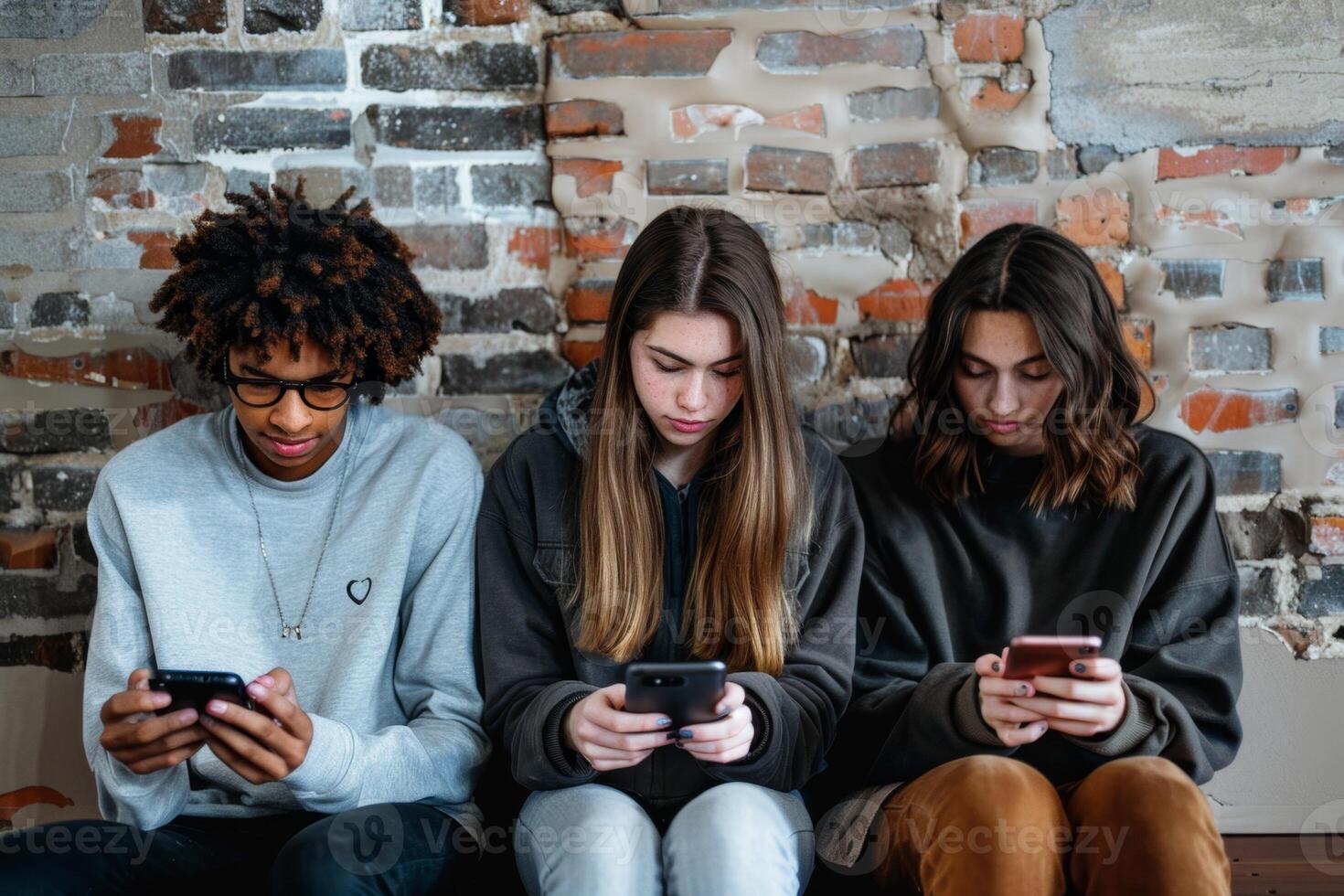 Three students sitting against brick wall using smartphones photo