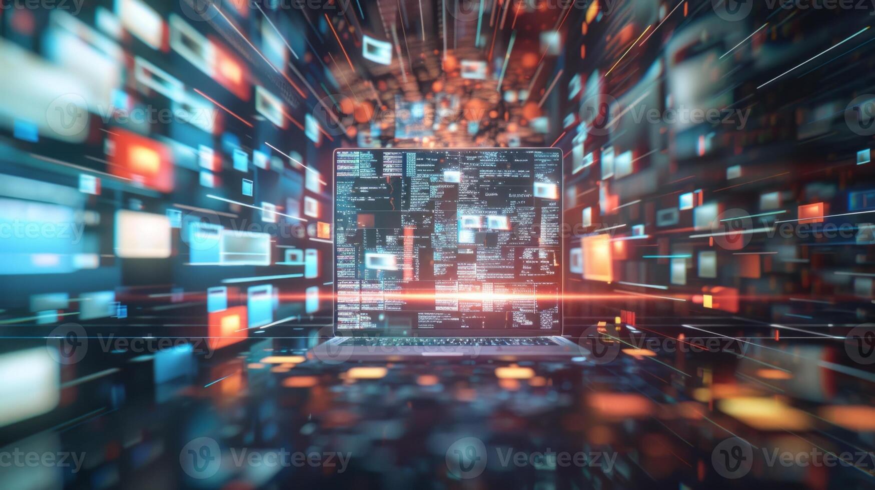 Laptop showing program code is generating a flow of data in a digital space photo