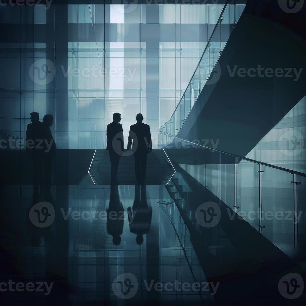 Businessmen walking in corporate building lobby concept photo