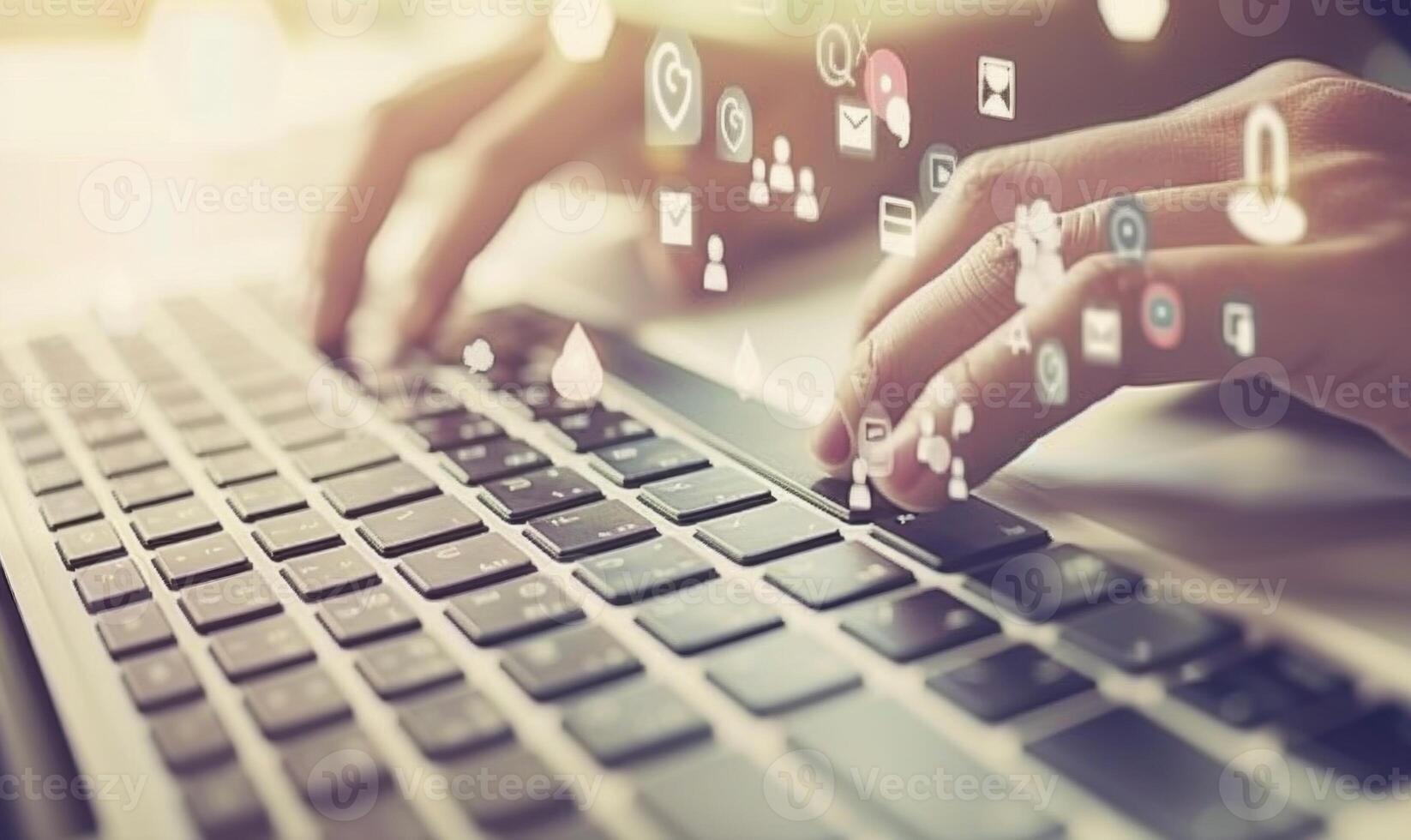 Businessman is using laptop with social media icons hovering above keyboard photo