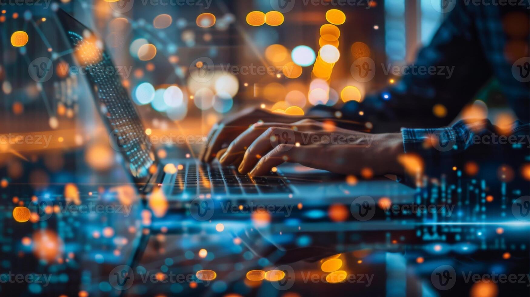 Software developer programming late night with laptop and city lights reflection photo