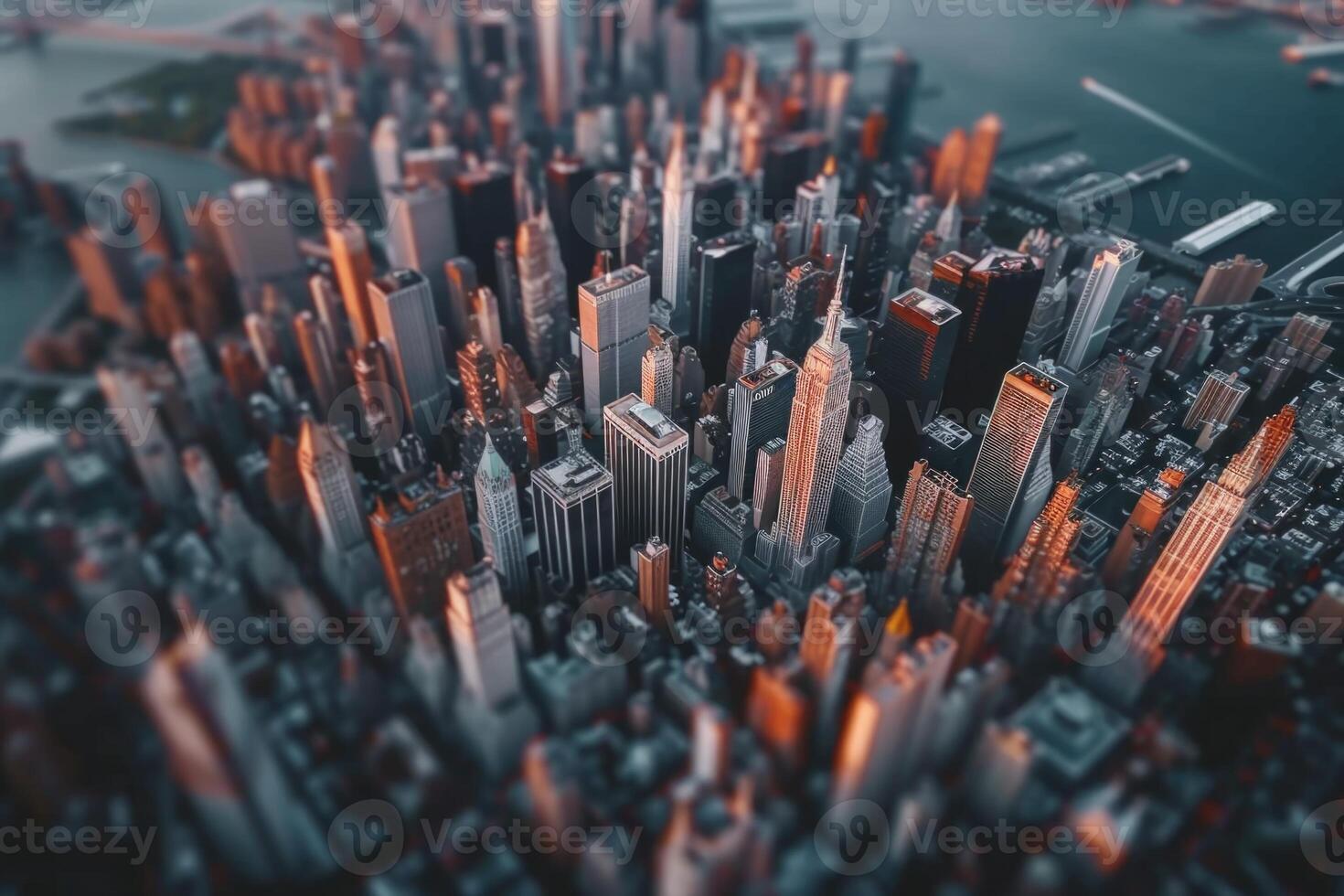 Aerial view of manhattan skyline with a tilt shift effect, making the buildings look like miniatures photo