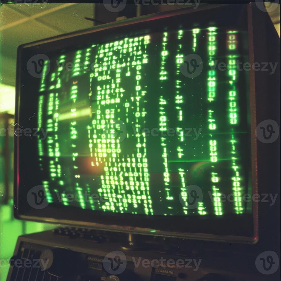 Green phosphor monitor displaying source code from the 80s photo
