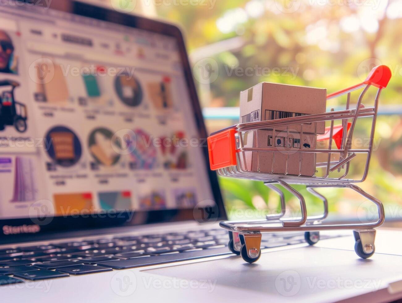 Shopping cart with cardboard boxes standing on laptop keyboard with shopping website on the screen photo