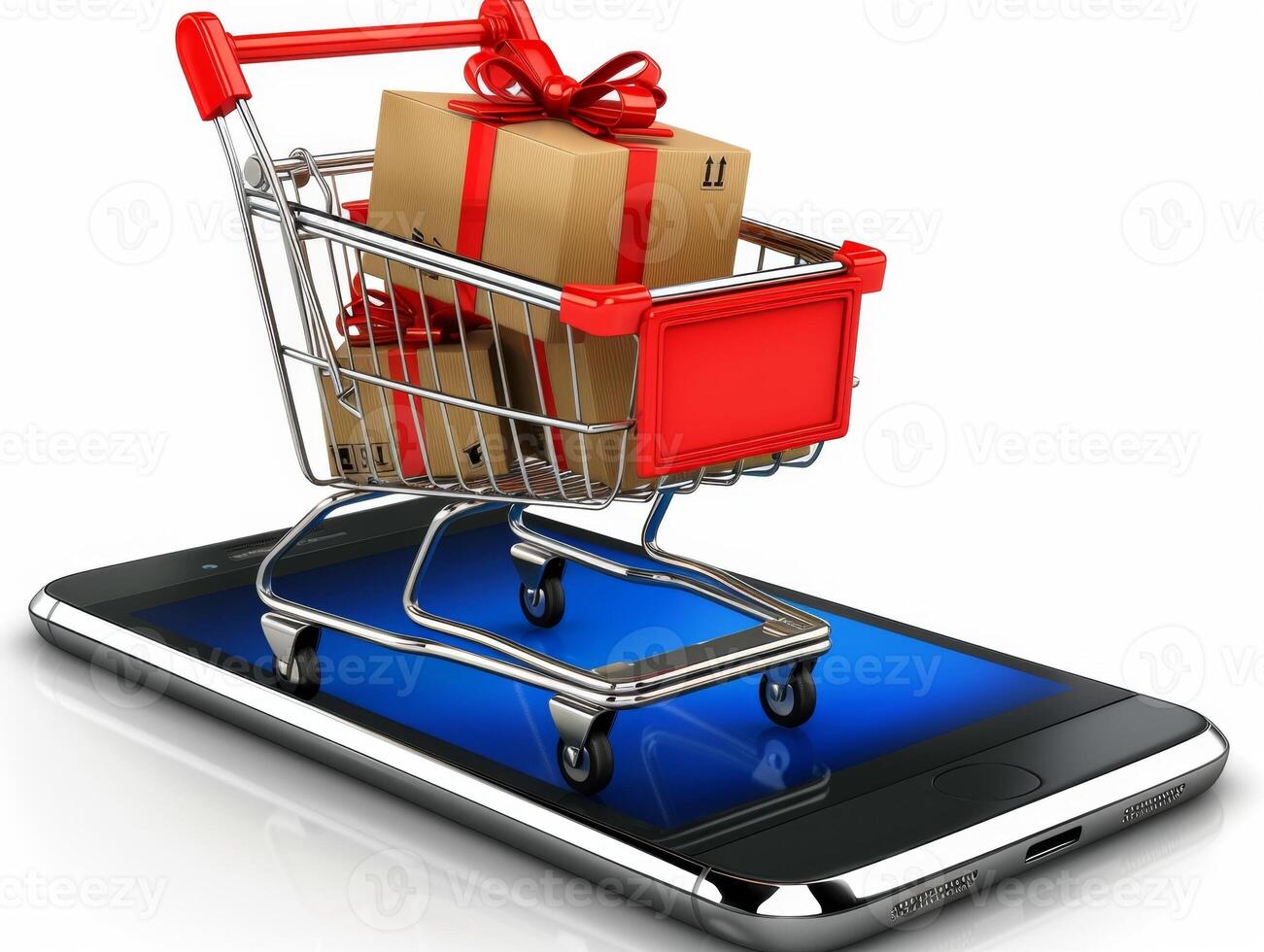 Shopping cart full of gift boxes standing on smartphone online shopping concept photo