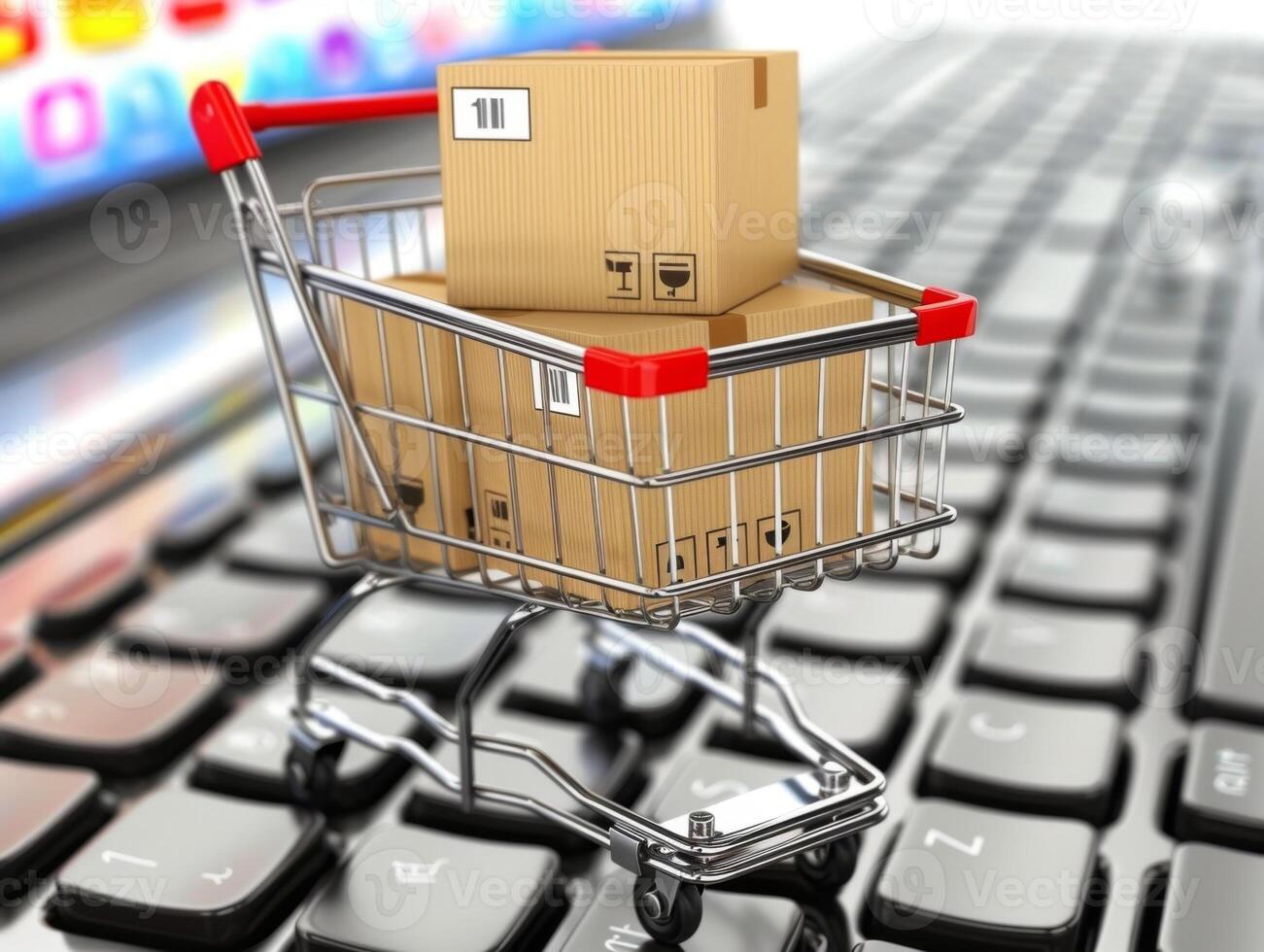 Shopping cart full of cardboard boxes standing on laptop keyboard photo