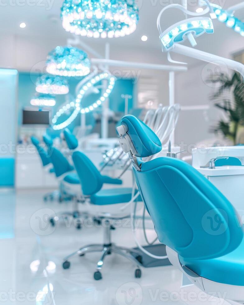 Modern dental office showing empty blue dentist chairs waiting for patients photo