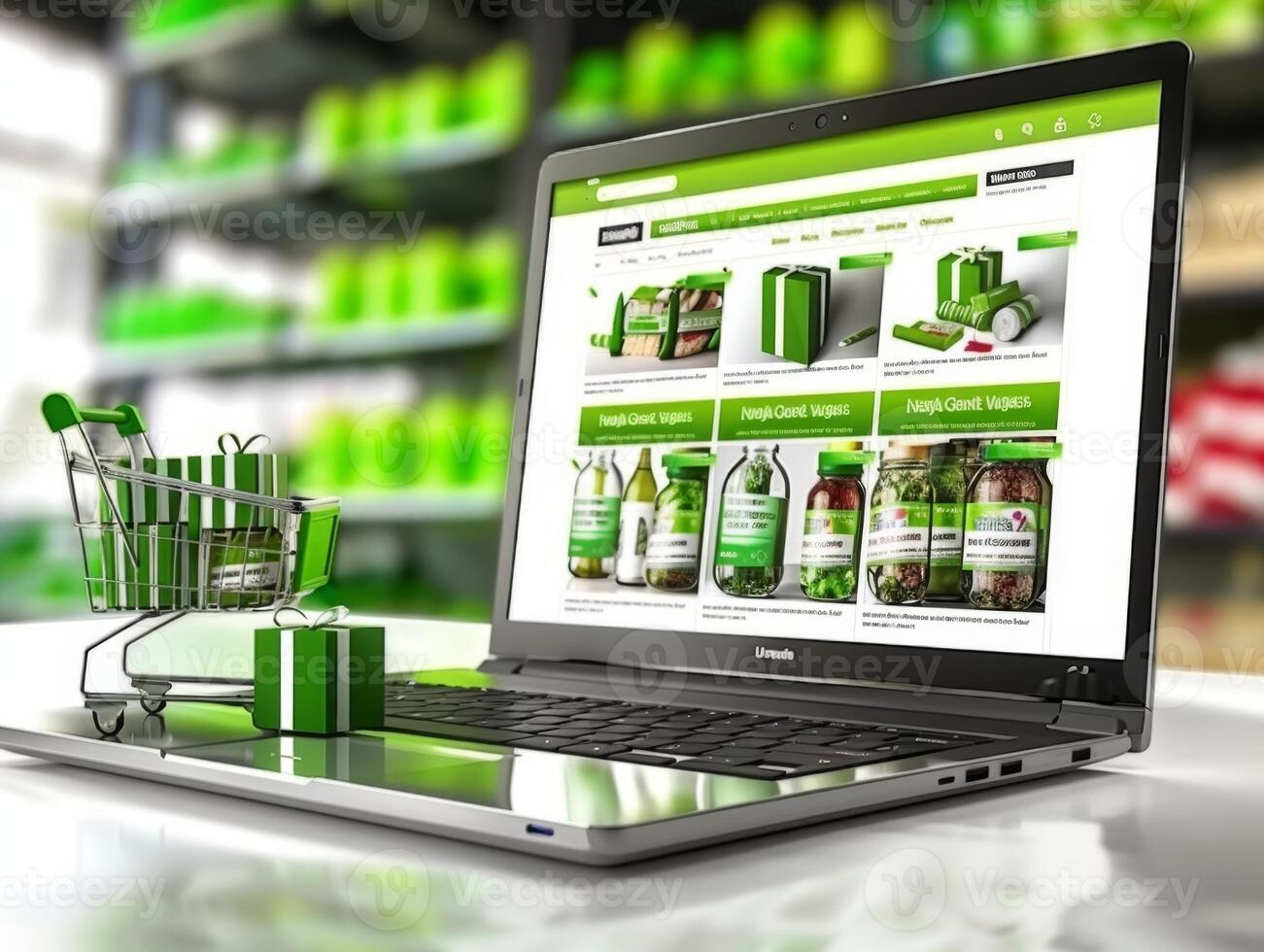Shopping cart full of gift boxes is standing on a laptop keyboard showing online shop in a supermarket, online shopping concept photo