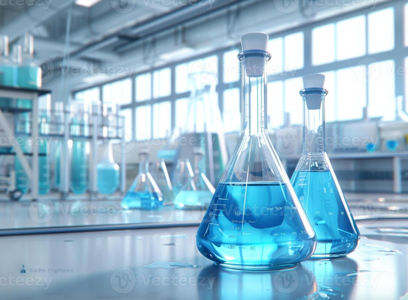 Two erlenmeyer flasks containing blue liquid sitting on table in laboratory setting photo