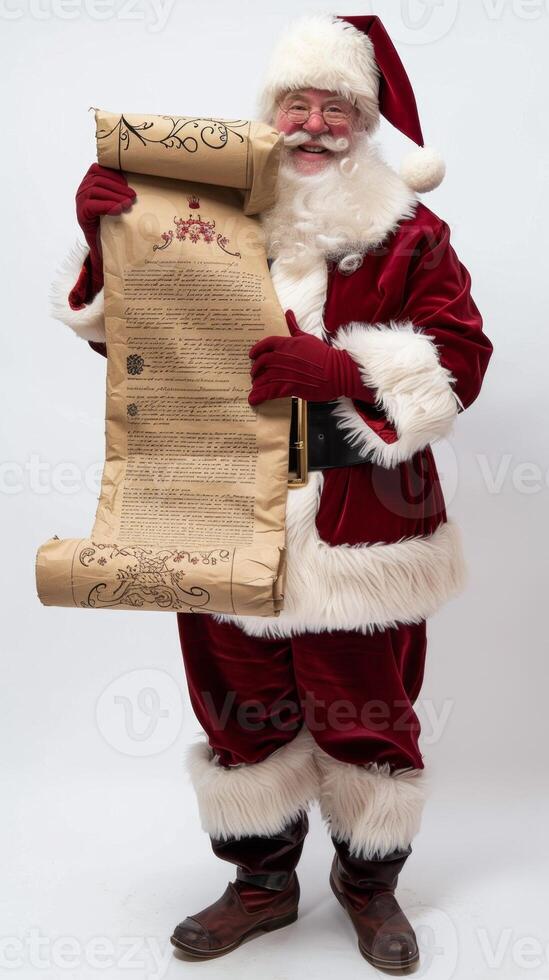 Santa claus holding long christmas wish list smiling on white background photo
