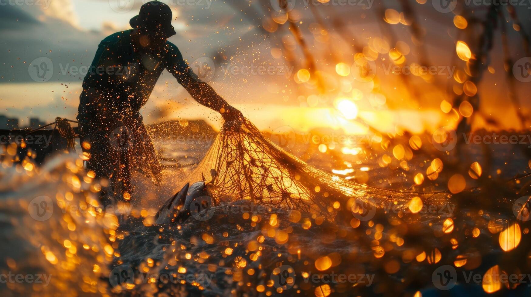Fisherman is pulling his net out of the water at sunset photo