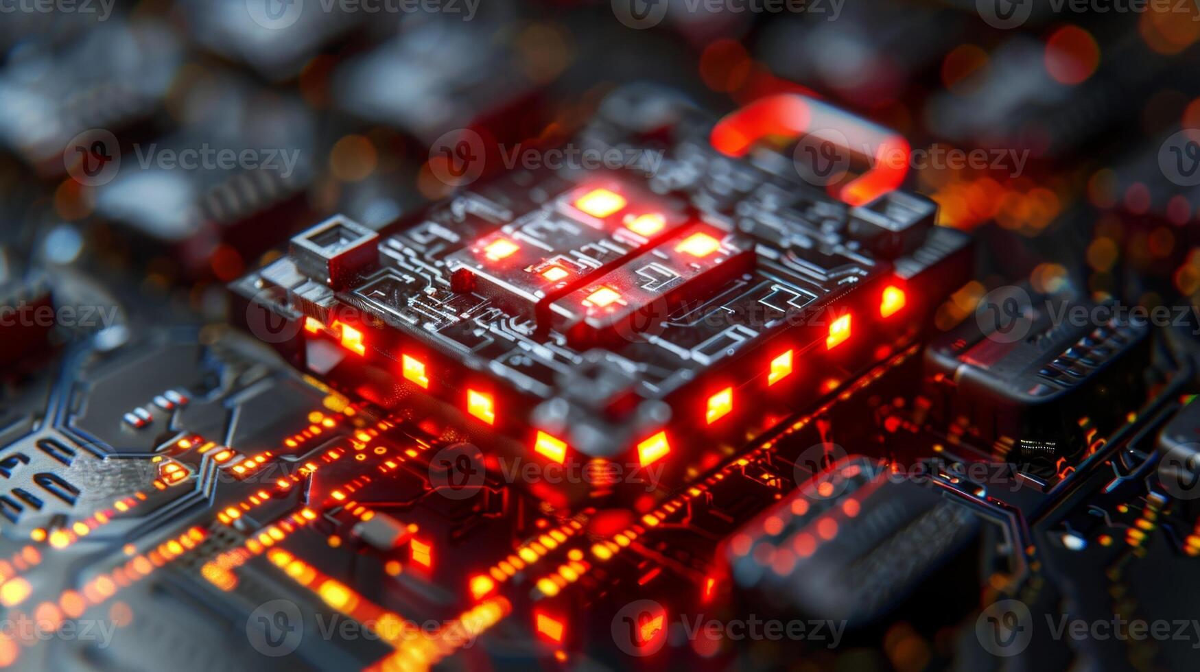 Microchip with red lights glowing on circuit board photo