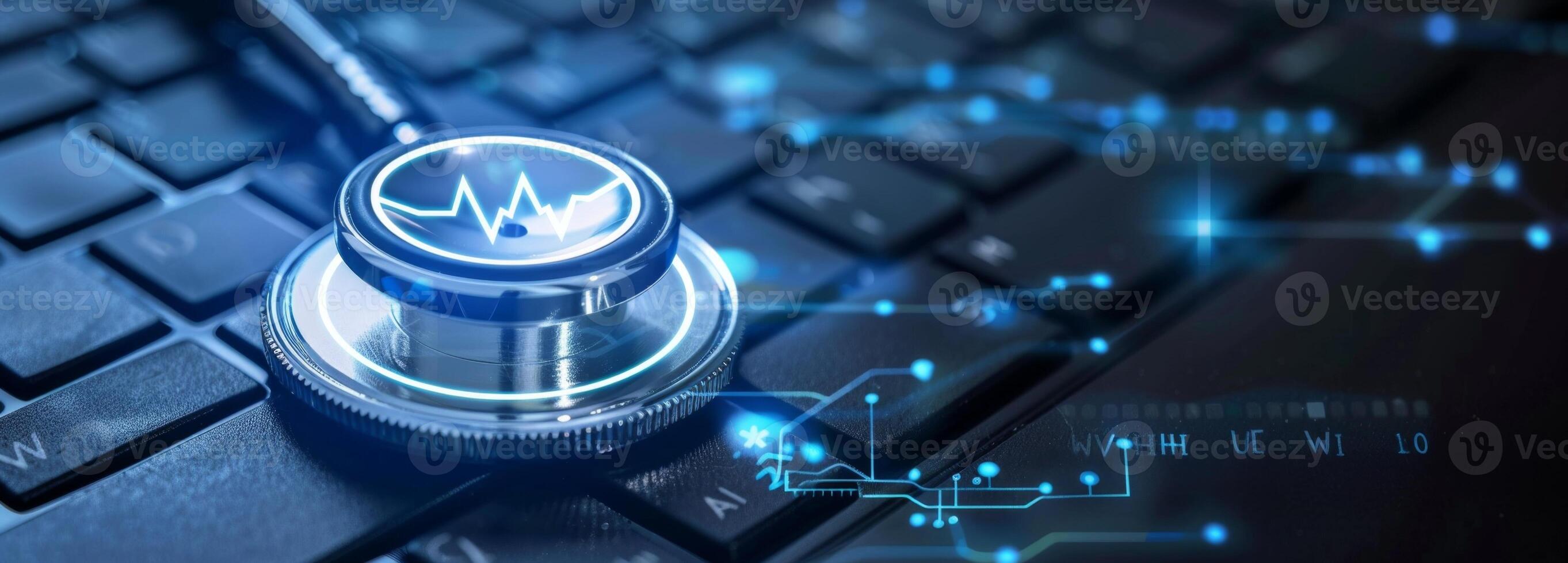 Stethoscope lying on laptop keyboard showing heartbeat rate line showing concept of telehealth photo