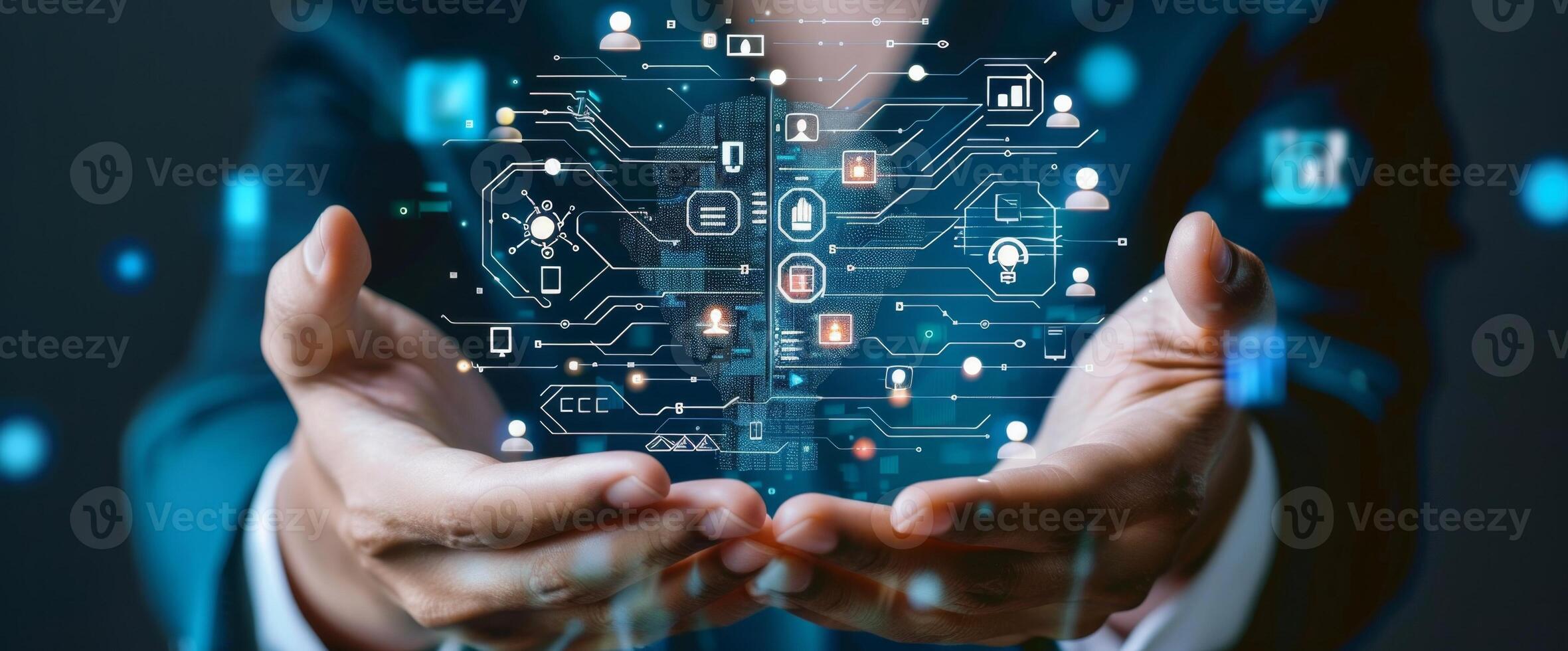Businessman holding digital brain representing artificial intelligence photo