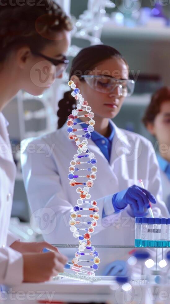 Team of scientists working with dna model in modern laboratory photo