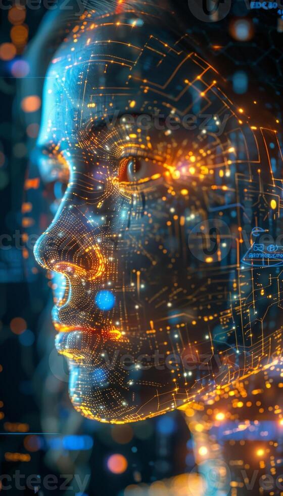 Artificial intelligence showing human like features with digital data network 3d render photo