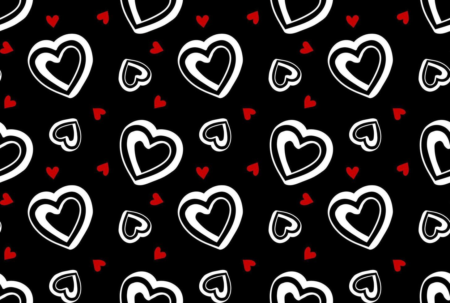 Seamless pattern of hand-drawn white and red Hearts on black background vector