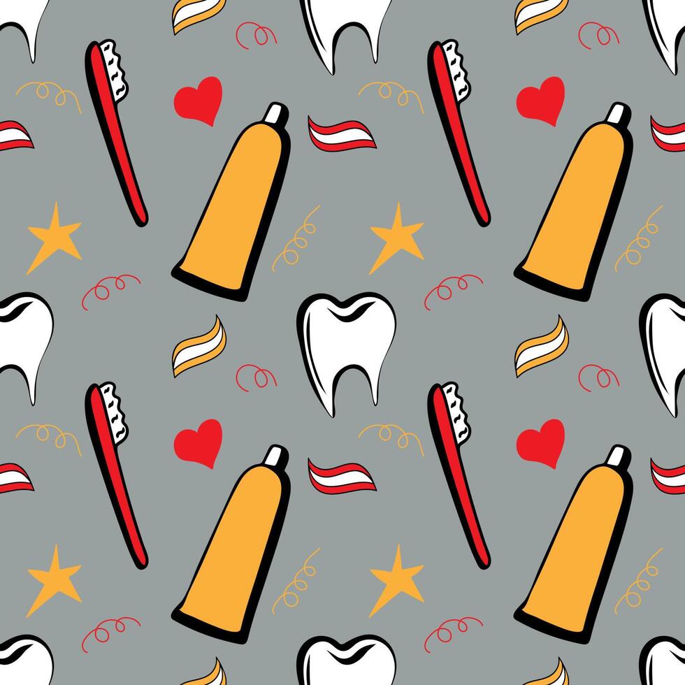 Seamless pattern with teeth and objects for dental care on gray background. vector