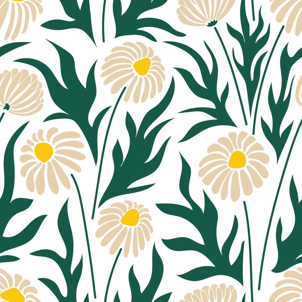 Aesthetic contemporary printable seamless pattern with chamomiles. Modern floral background for textile, fabric, wallpaper, wrapping, gift wrap, paper, scrapbook and packaging. vector