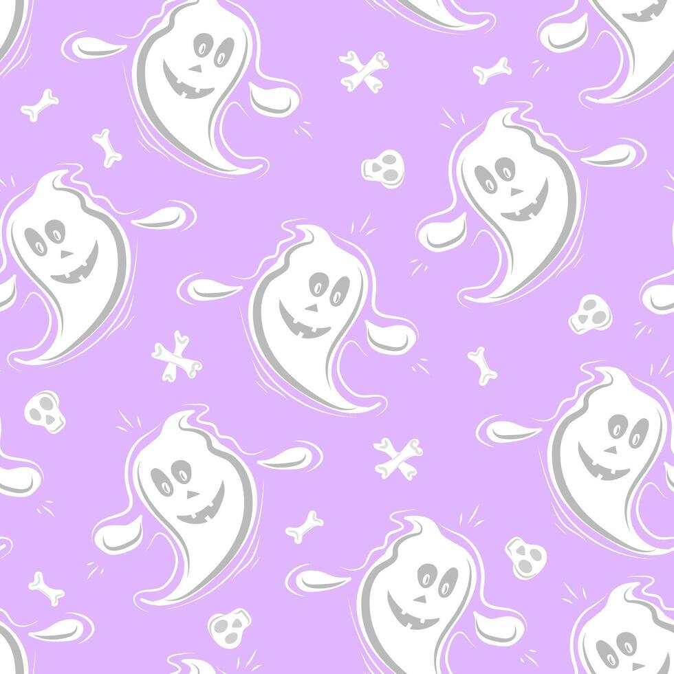 Seamless pattern of cute ghosts, bones and skulls vector
