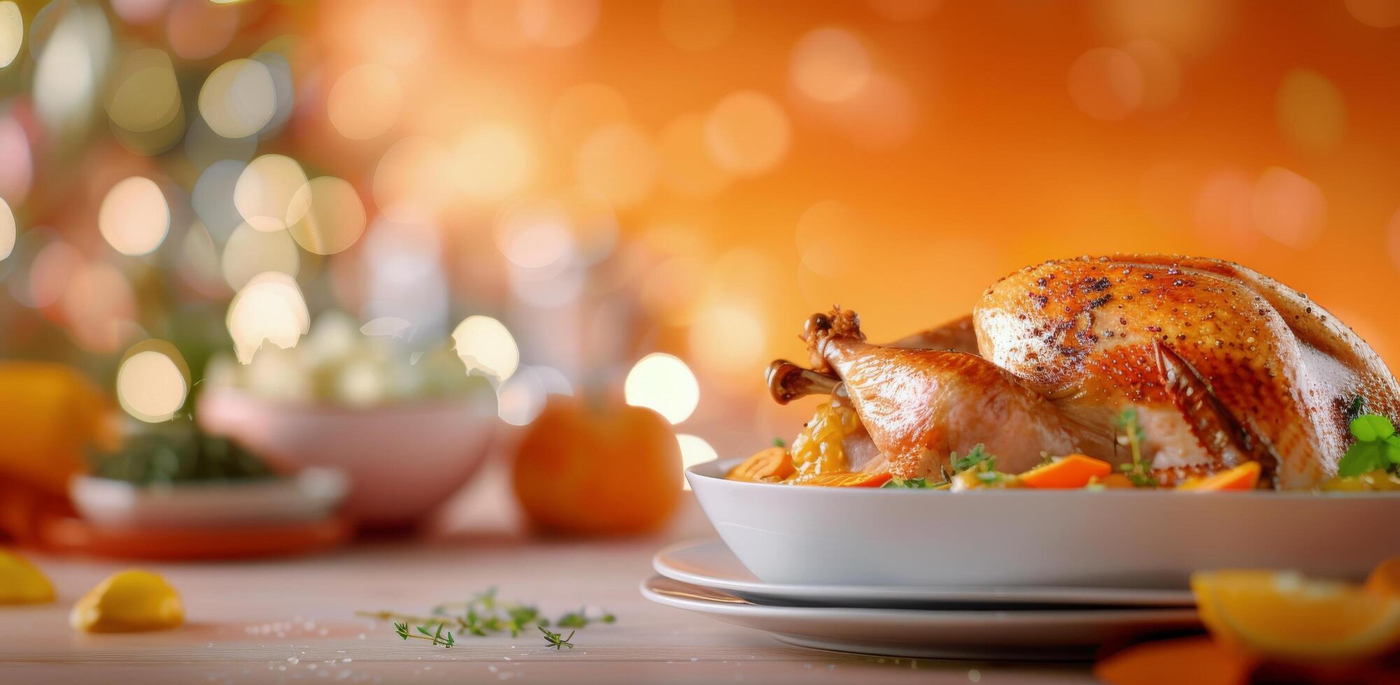 Roasted Turkey With Citrus and Berries on Table With Holiday Lights photo