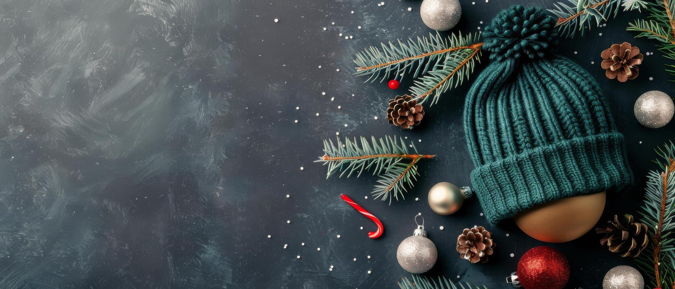 Cozy Winter Accessories With Pinecones and Holiday Ornaments on Dark Background photo