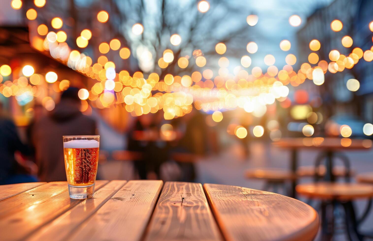 Outdoor Pub Gathering at Golden Hour With Beer Glasses and Warm String Lights photo