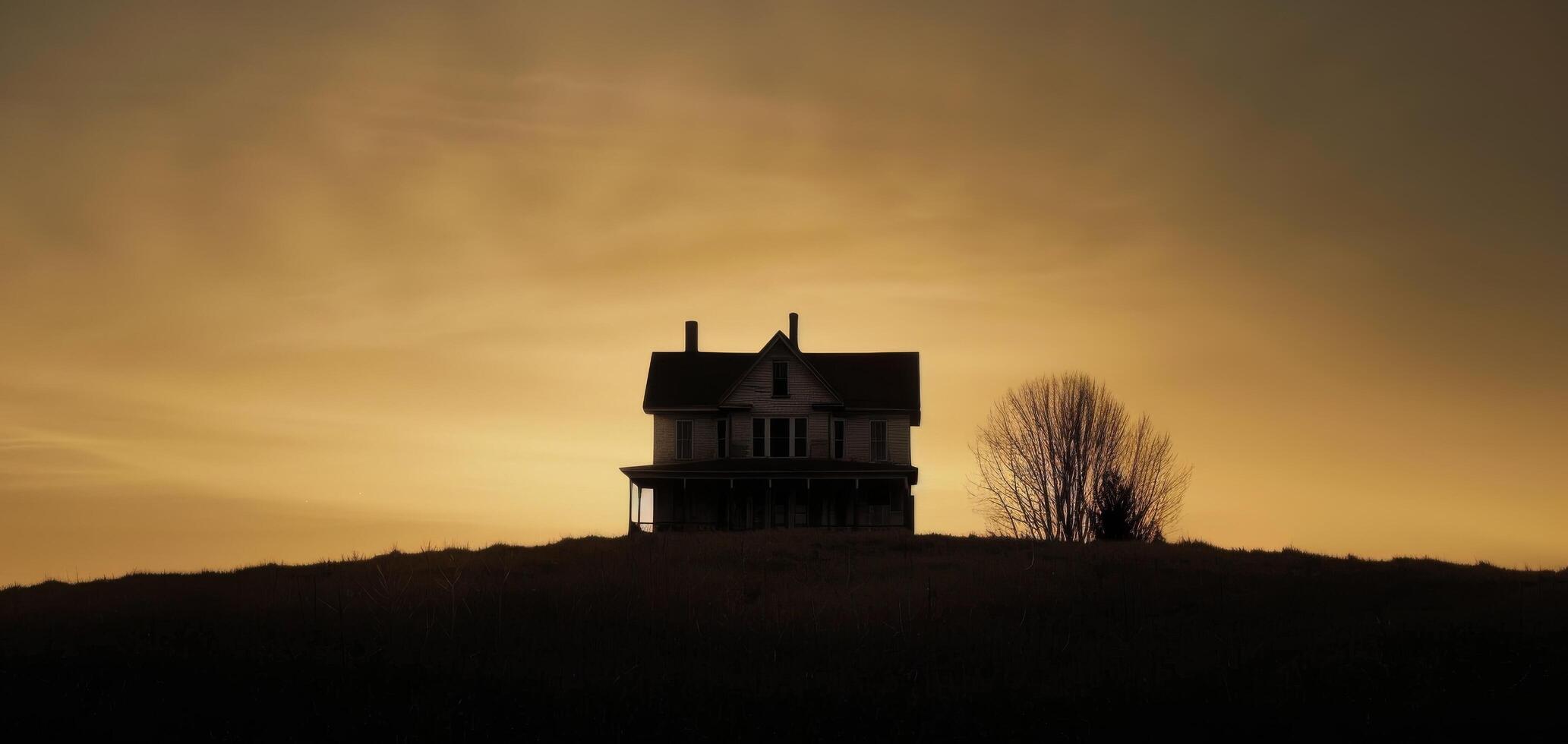Mysterious Figure Approaches Abandoned House in Foggy Landscape at Dusk photo