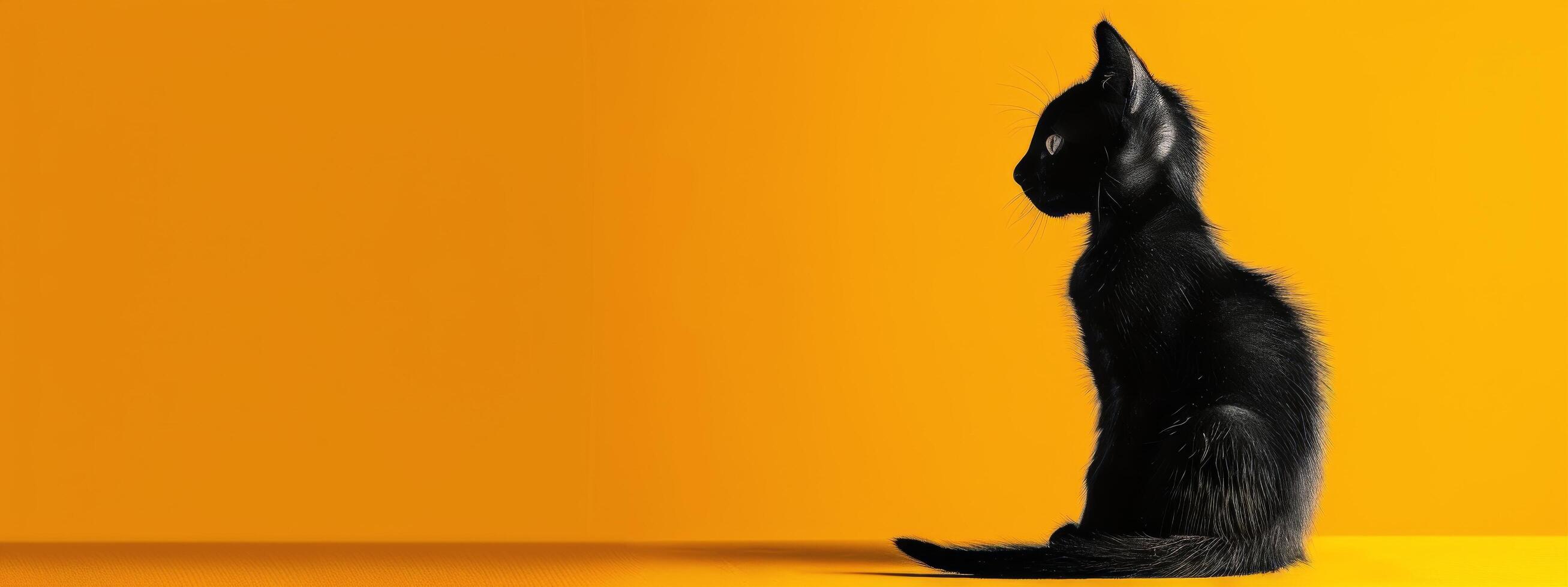 Black Cat Sitting Against Bright Yellow Background in Daylight photo
