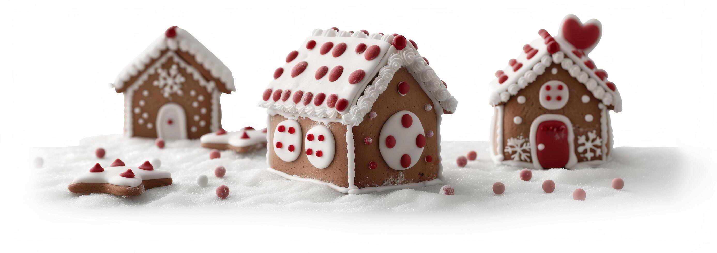 Decorated Gingerbread Houses With Colorful Candy on a Snowy Surface photo