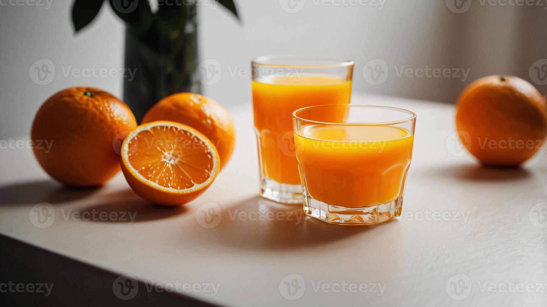 fresh orange juice in a glass and decanter. Oranges on the table photo