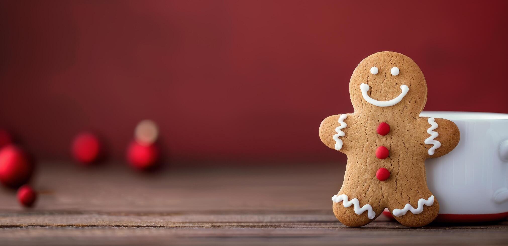 Gingerbread Cookies With Decorations on Red Background photo