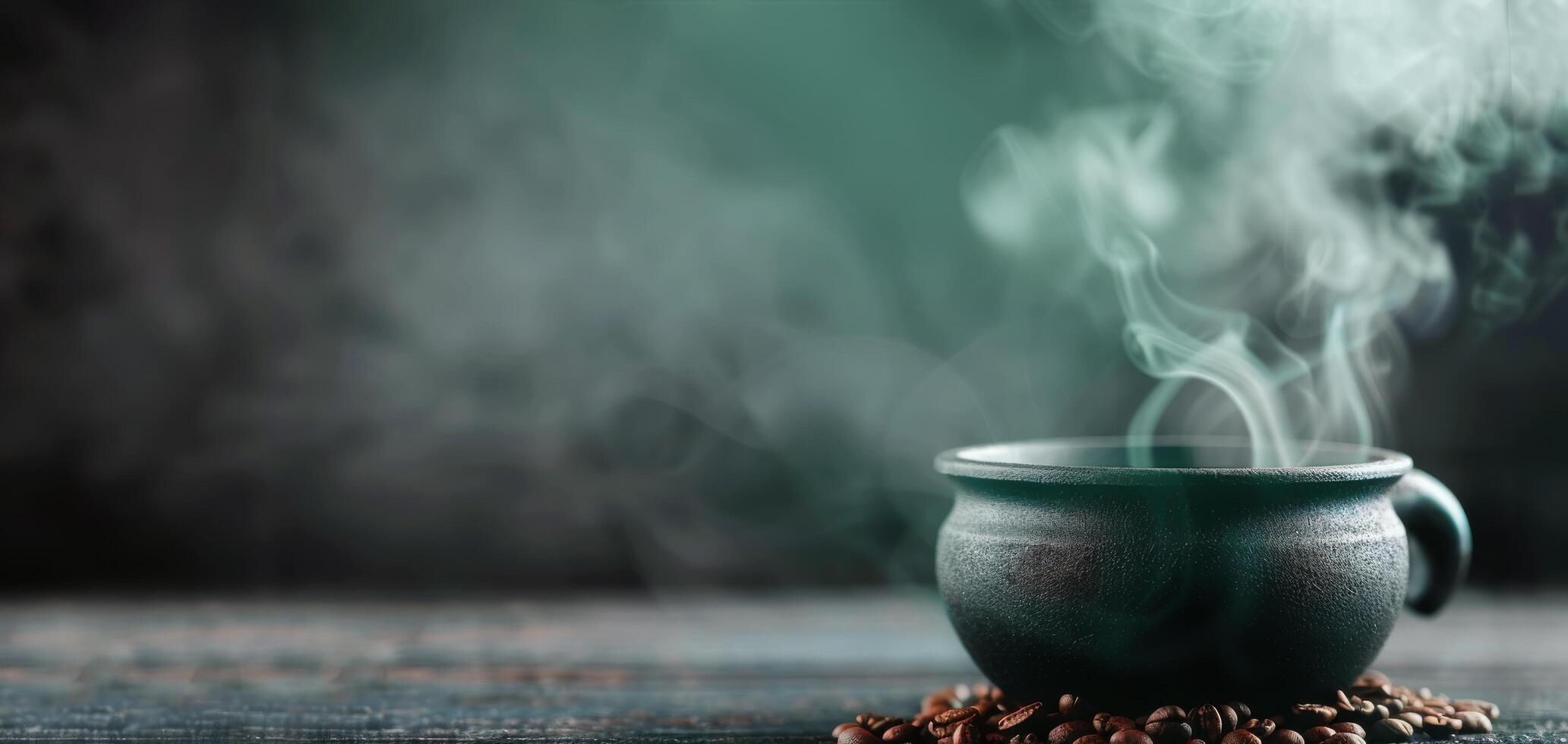Steaming Black Pot With Coffee Beans on Table in Low Light Setting photo