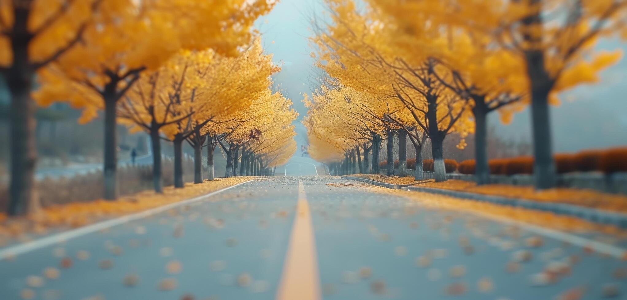 Autumn Trees Lining a Foggy Road With Fallen Leaves in a Scenic Landscape photo